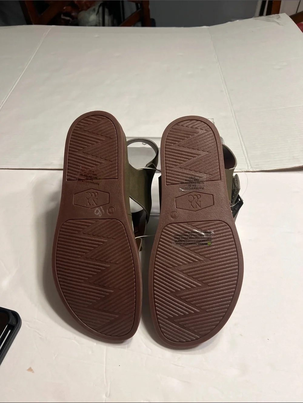 New York & Company Olive Green and Brown Thong Sandals with Gold Accents